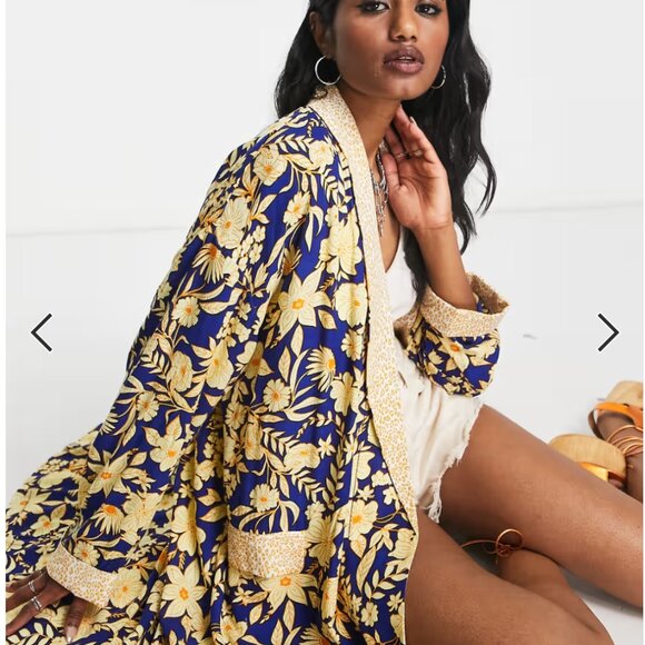 Free People Wild Nights Kimono Duster Open Front Long Sleeve Floral Blue Large - Picture 5 of 13
